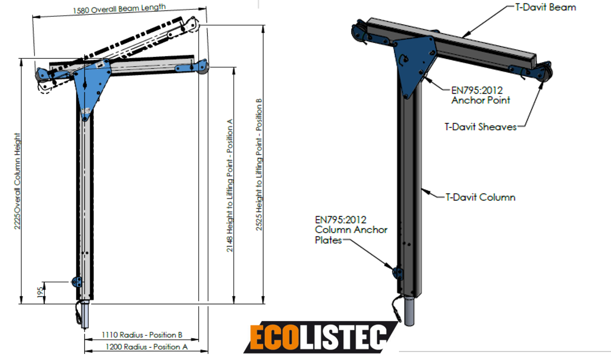T Davit Seilgestützt 1.2m